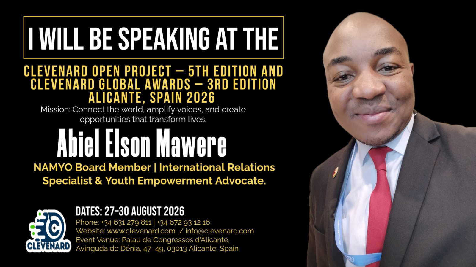 Clevenard to Honour Abiel Elson Mawere at the 2026 Clevenard Open Project & Clevenard Global Awards in Alicante, Spain