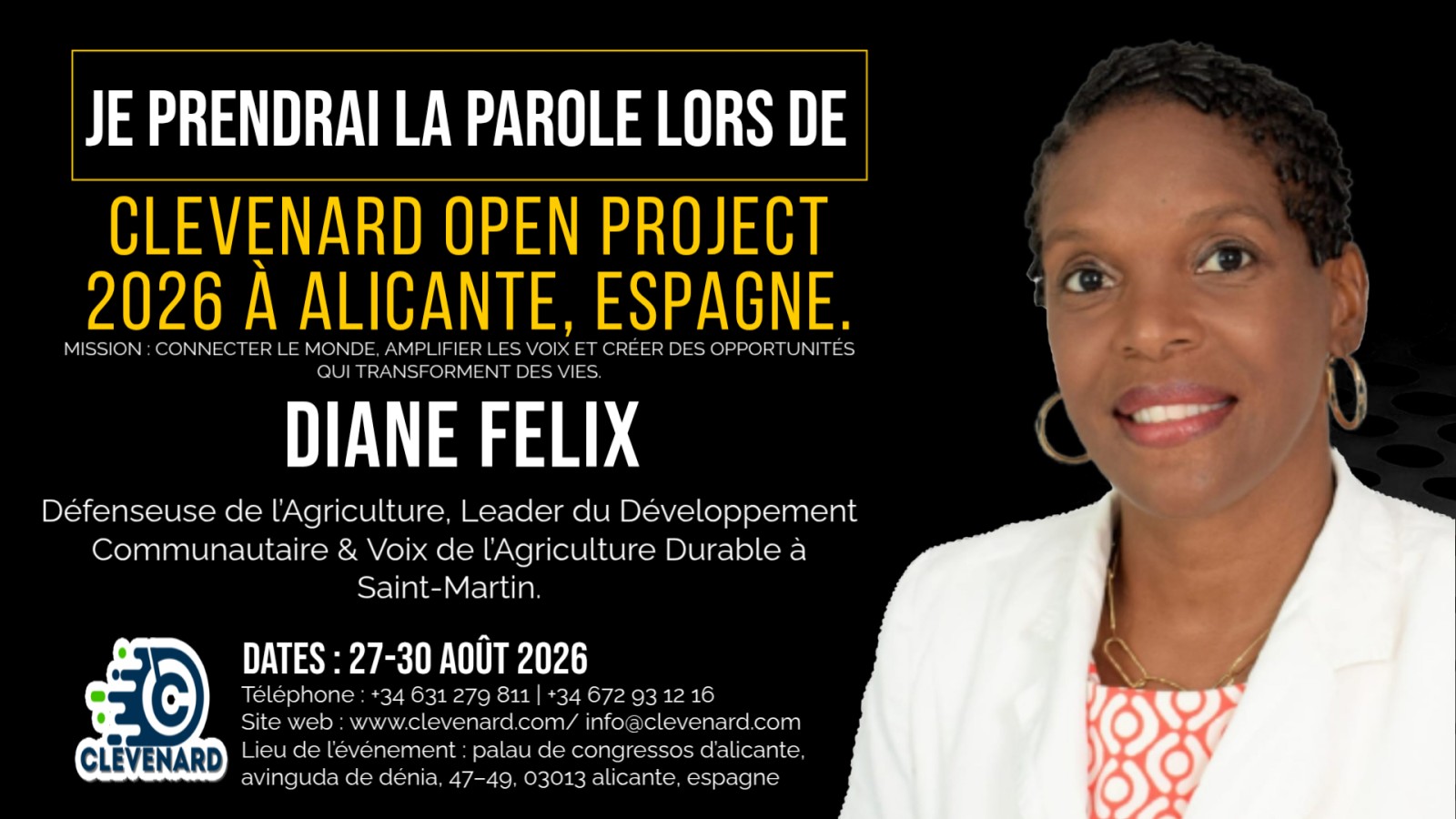 Diane Felix confirmée comme conférencière et lauréate d’un prix au Clevenard Open Project 2026 à Alicante, Espagne