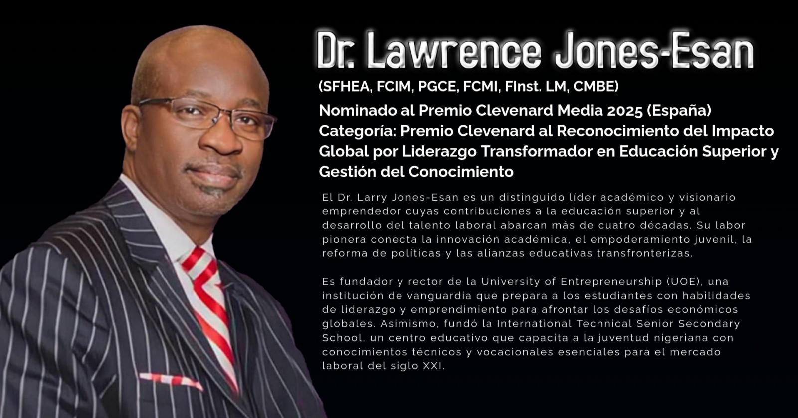 Dr. Larry Jones-Esan, PhD, nominado al Clevenard Media Award 2025 – Palma de Mallorca, España