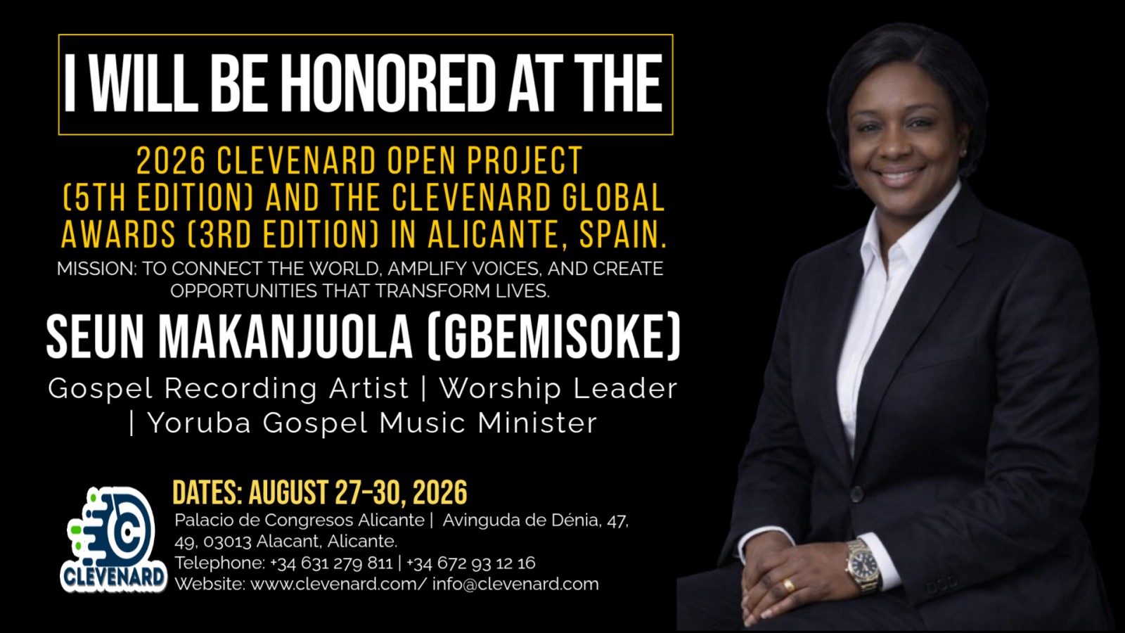 Clevenard to Honour Seun Makanjuola (Gbemisoke) at the 2026 Clevenard Open Project & Clevenard Global Awards in Alicante, Spain