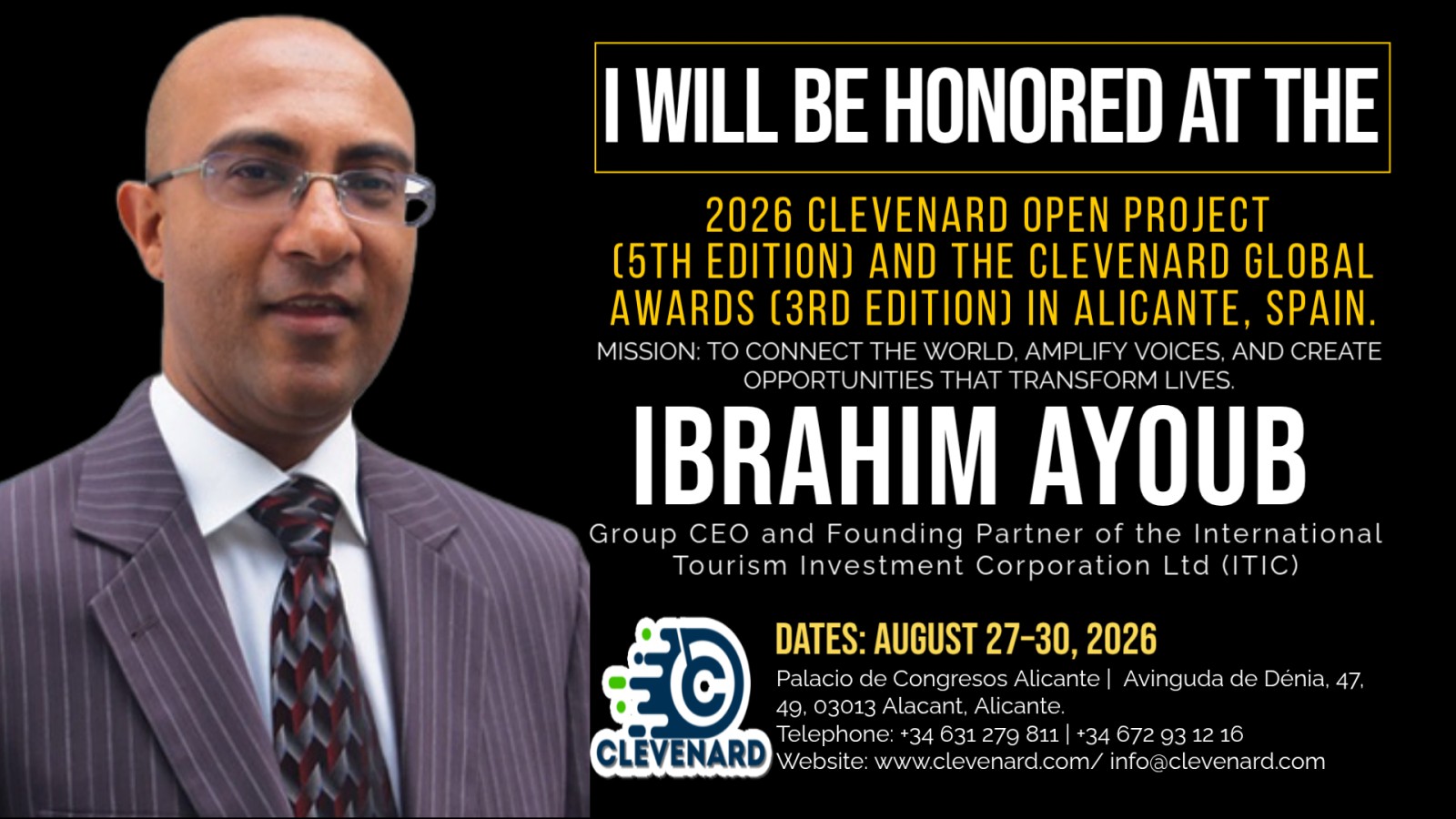 Clevenard to Honour Ibrahim Ayoub at the 2026 Clevenard Open Project & Clevenard Global Awards in Alicante, Spain