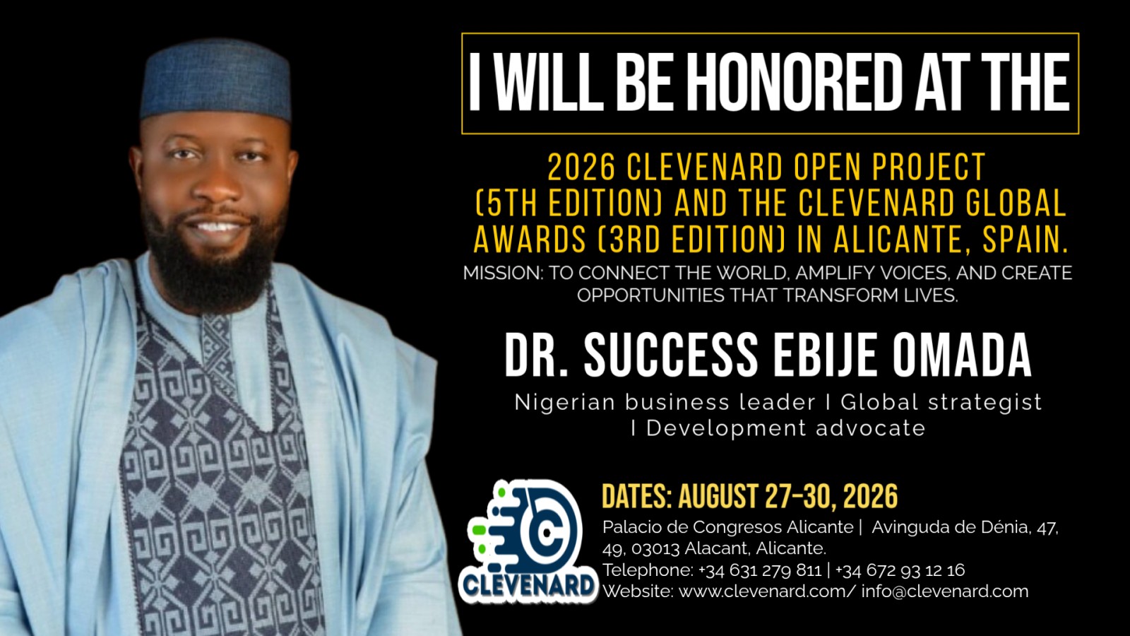 Clevenard to Honour Dr. Success Ebije Omada at the 2026 Clevenard Open Project – 5th Edition & Clevenard Global Awards – 3rd Edition in Alicante, Spain