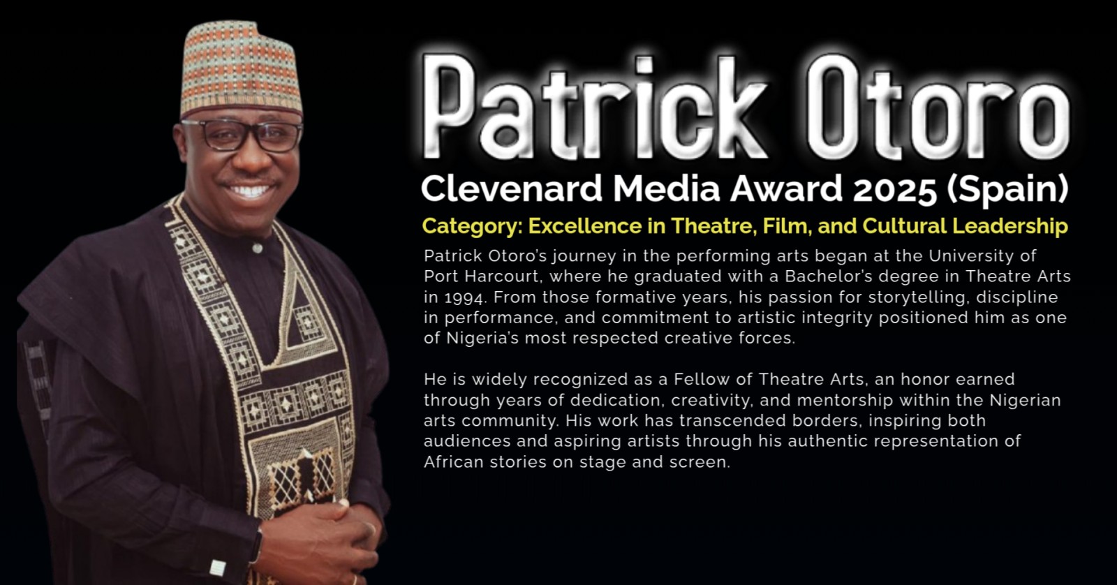 Patrick Otoro Nominated for the Clevenard Media Award 2025 – Palma de Mallorca, Spain