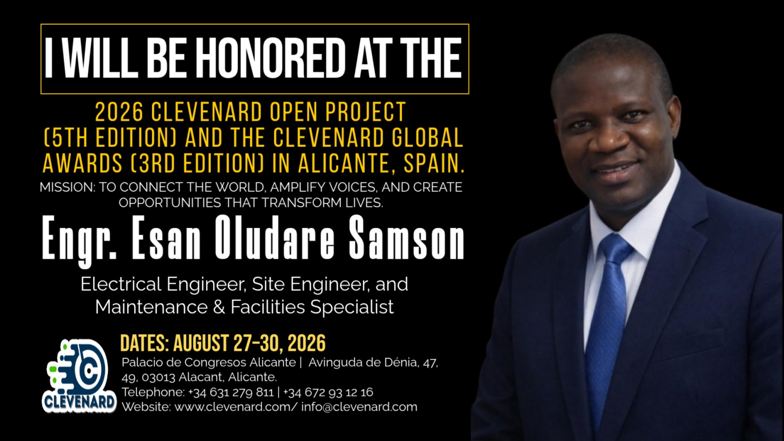 Clevenard to Honour Engr. Esan Oludare Samson at the 2026 Clevenard Open Project & Global Awards in Alicante, Spain