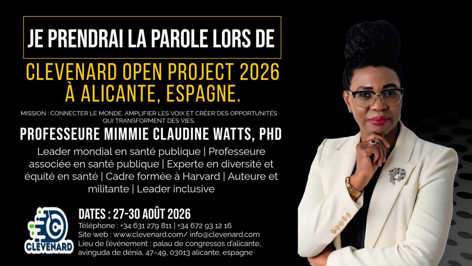 Clevenard rendra hommage à la Professeure Mimmie Claudine Watts, PhD, lors des Clevenard Global Awards 2026 – 3ᵉ édition à Alicante, Espagne.