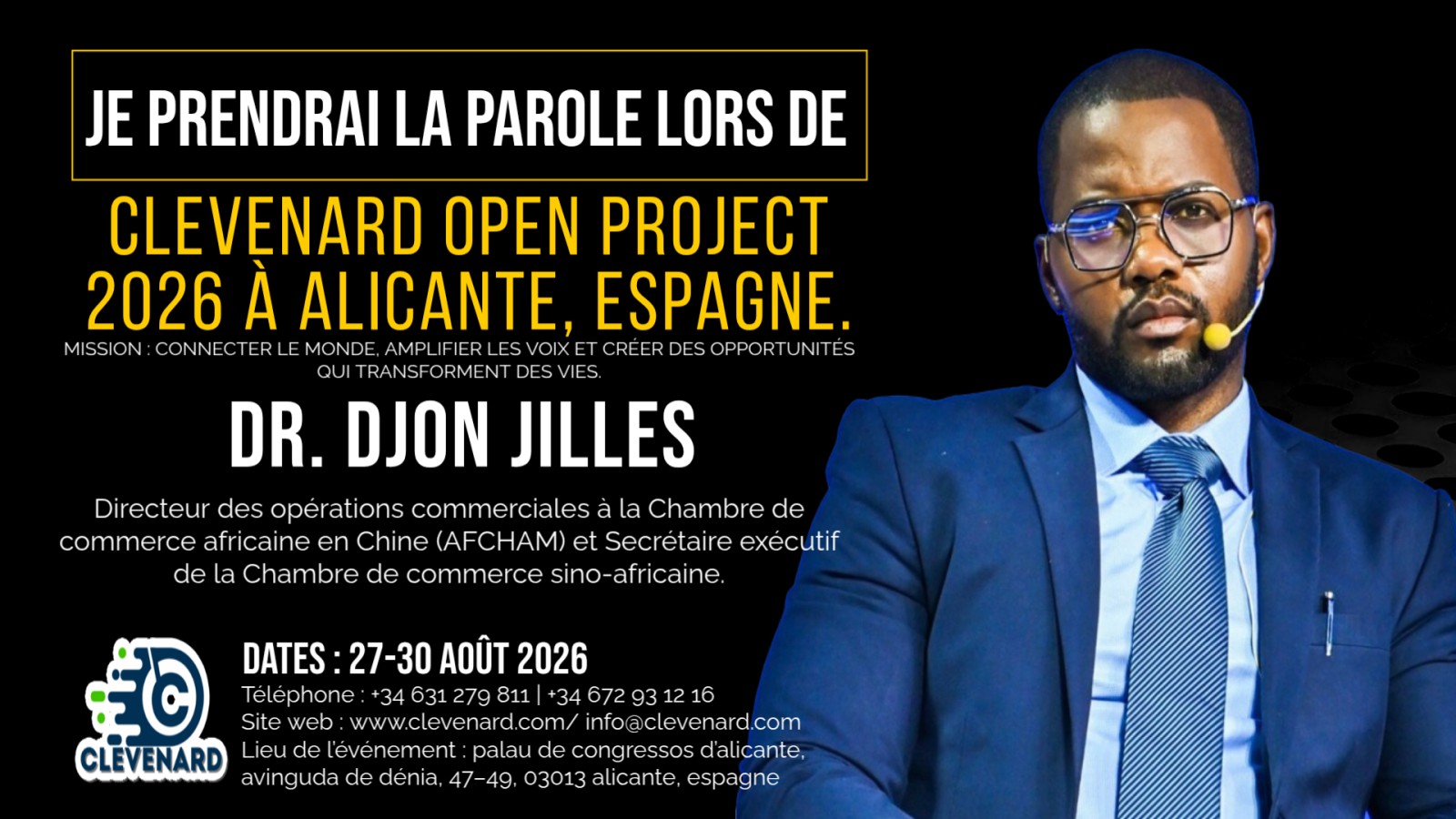 Dr. Djon Jilles sera la vedette du Clevenard Open Project 2026 et recevra le Global Leadership Award à Alicante, Espagne