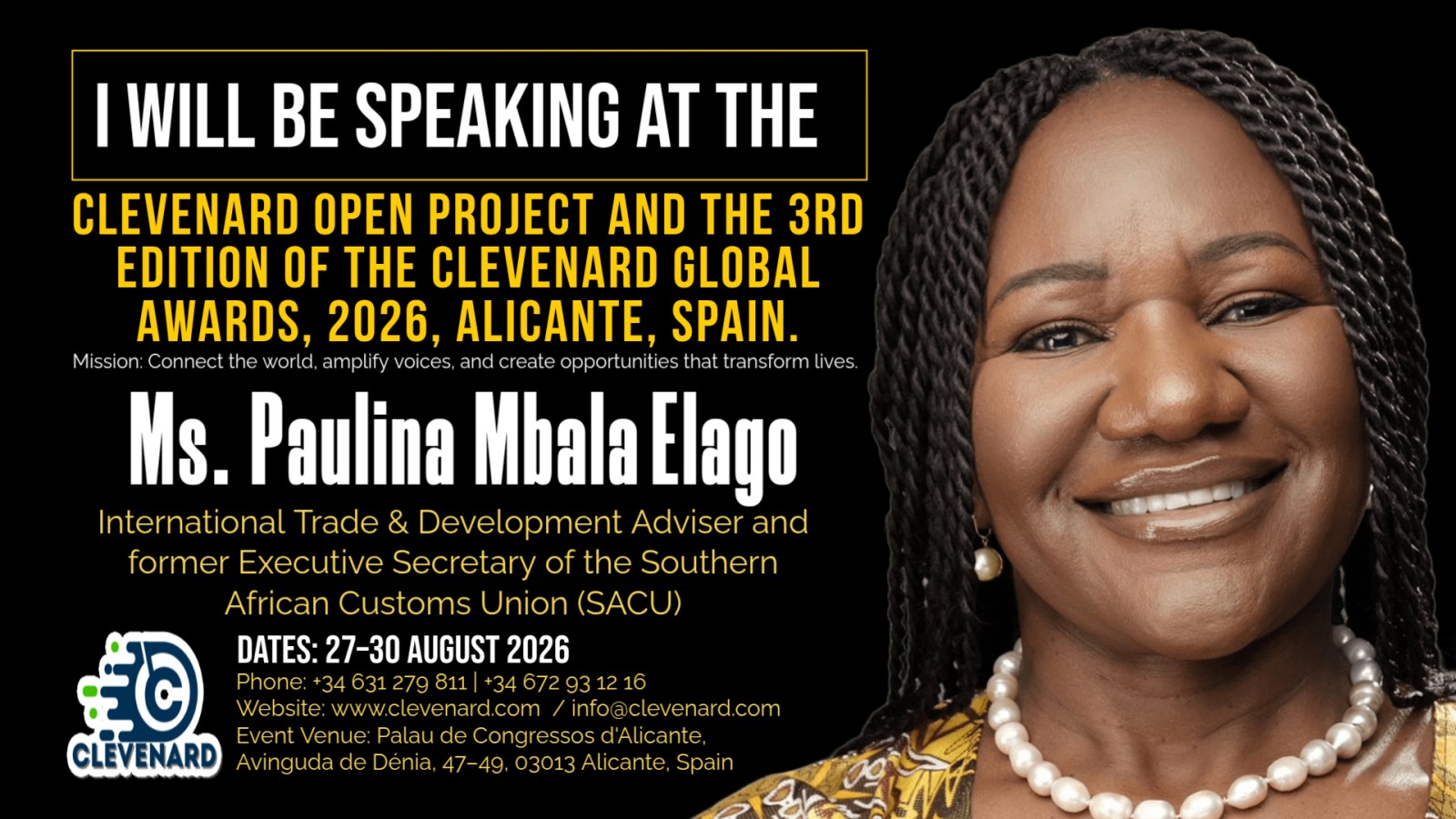 Clevenard to Honour Ms. Paulina Mbala Elago at the 2026 Clevenard Open Project & Clevenard Global Awards in Alicante, Spain
