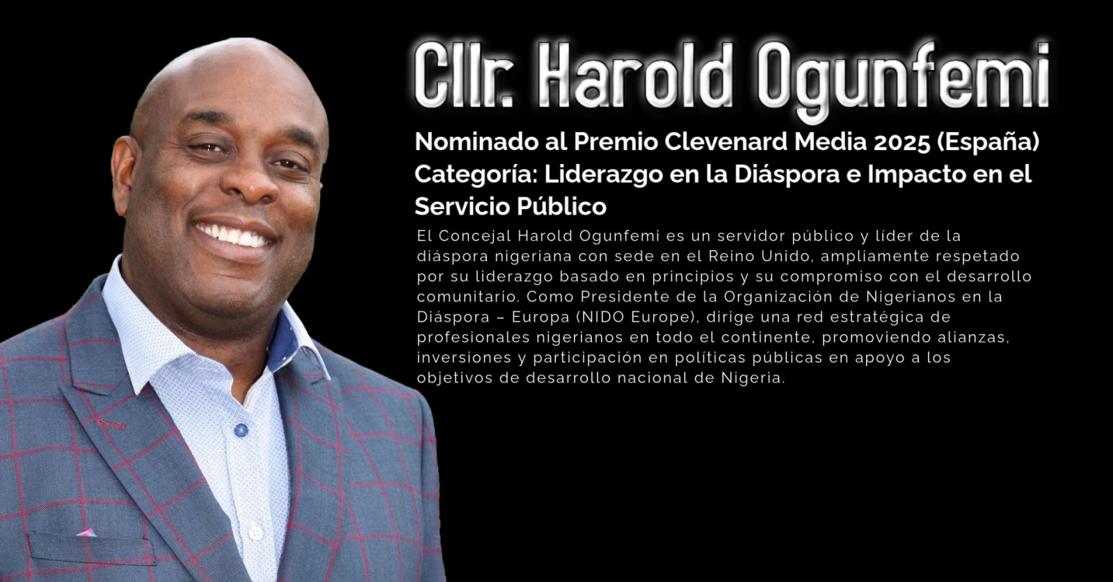 Cllr. Harold Ogunfemi nominado al Clevenard Media Award 2025 – Palma de Mallorca, España