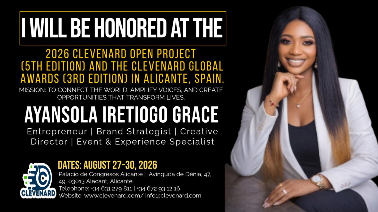 Clevenard to Honour AYANSOLA IRETIOGO GRACE at the 2026 Clevenard Open Project & Global Awards in Alicante, Spain