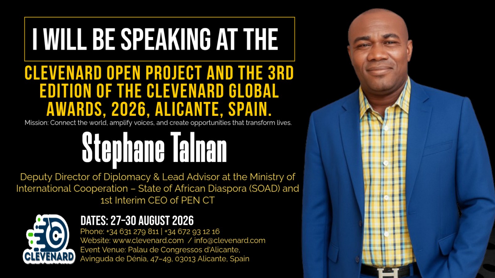 Clevenard to Honour Stephane Talnan at the 2026 Clevenard Open Project 5th Edition and Clevenard Global Awards – 3rd Edition in Alicante, Spain