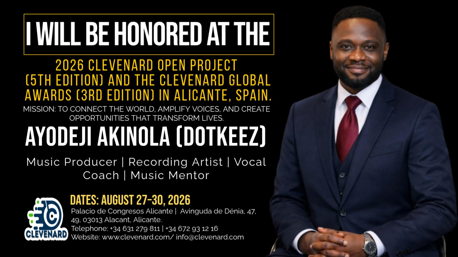 Clevenard to Honour Ayodeji Akinola (Dotkeez) at the 2026 Clevenard Open Project & Global Awards in Alicante, Spain