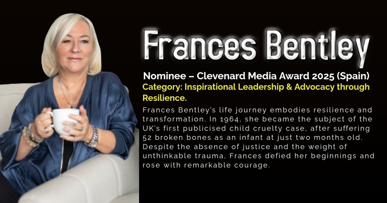 Frances Bentley Nominated for Clevenard Media Award 2025 in Palma de Mallorca, Spain