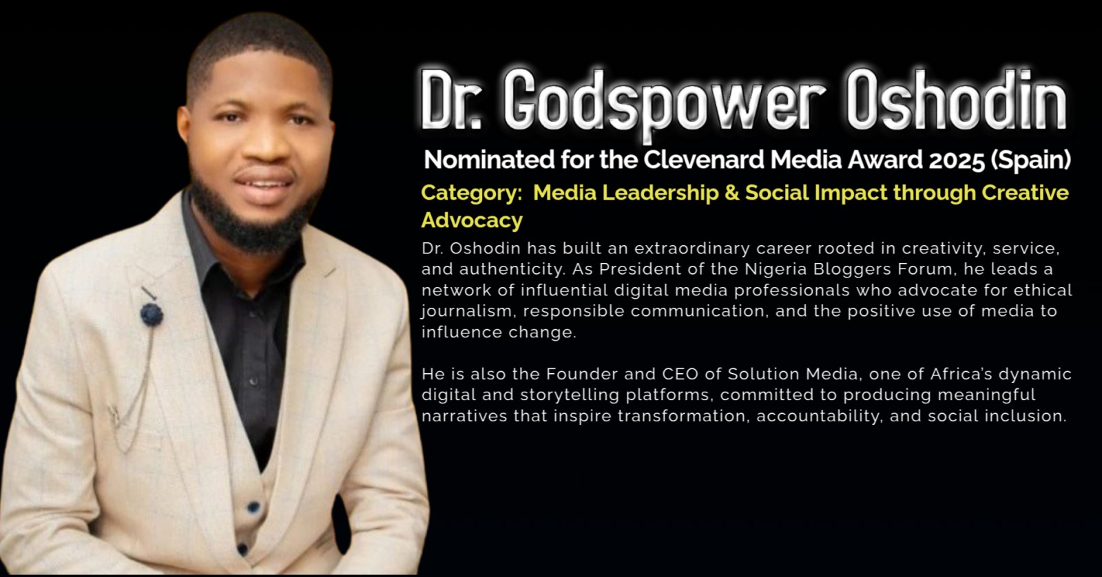 Dr. Godspower Oshodin Nominated for the Clevenard Media Award 2025
