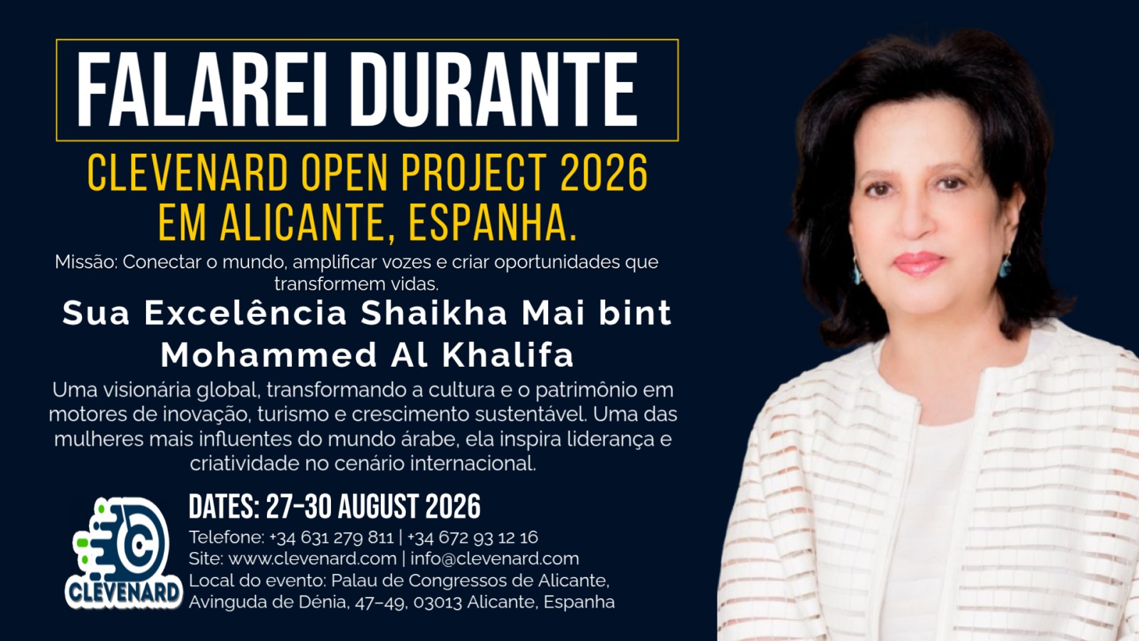 Sua Excelência Shaikha Mai bint Mohammed Al Khalifa será a principal destaque do Clevenard Open Project 2026 em Alicante, Espanha