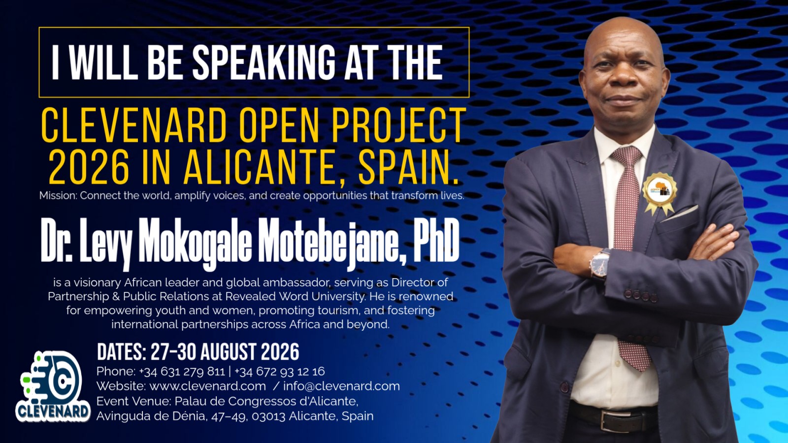Ambassador Dr. Levy Mokogale Motebejane, PhD, to Deliver Keynote Address and Receive Prestigious Honorary Award at the Clevenard Open Project 2026 in Alicante, Spain