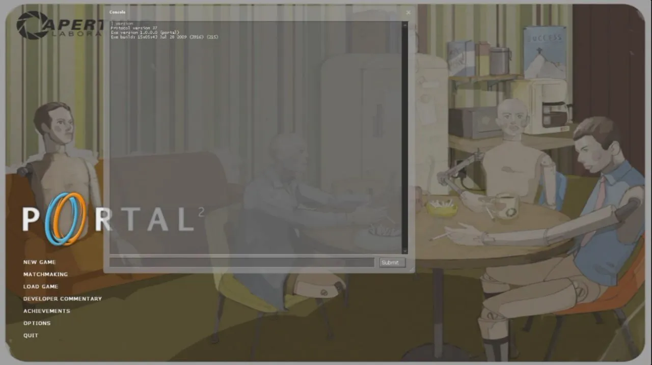 Early Portal 2 main menu screen pulled from the leaked 2009-era Valve dev build