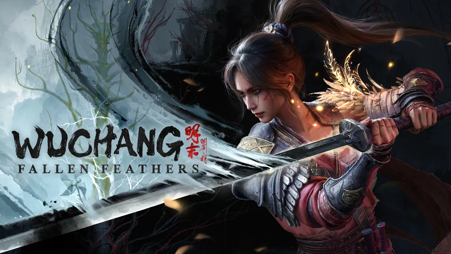 Hero key art of Wuchang standing in a dark atmospheric landscape from the Wuchang Fallen Feathers Steam page