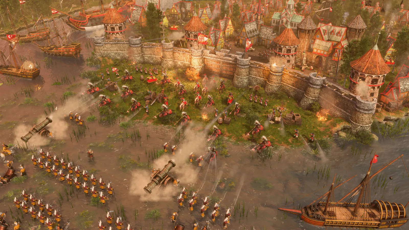 Age of Empires III Baltic Powers Steam screenshot of a coastal engagement with naval units and shoreline structures under fire