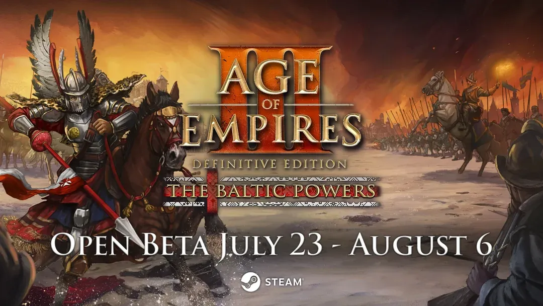 Official Age of Empires III Definitive Edition Baltic Powers open beta key art showing the Danes and Poles armies on a frozen battlefield