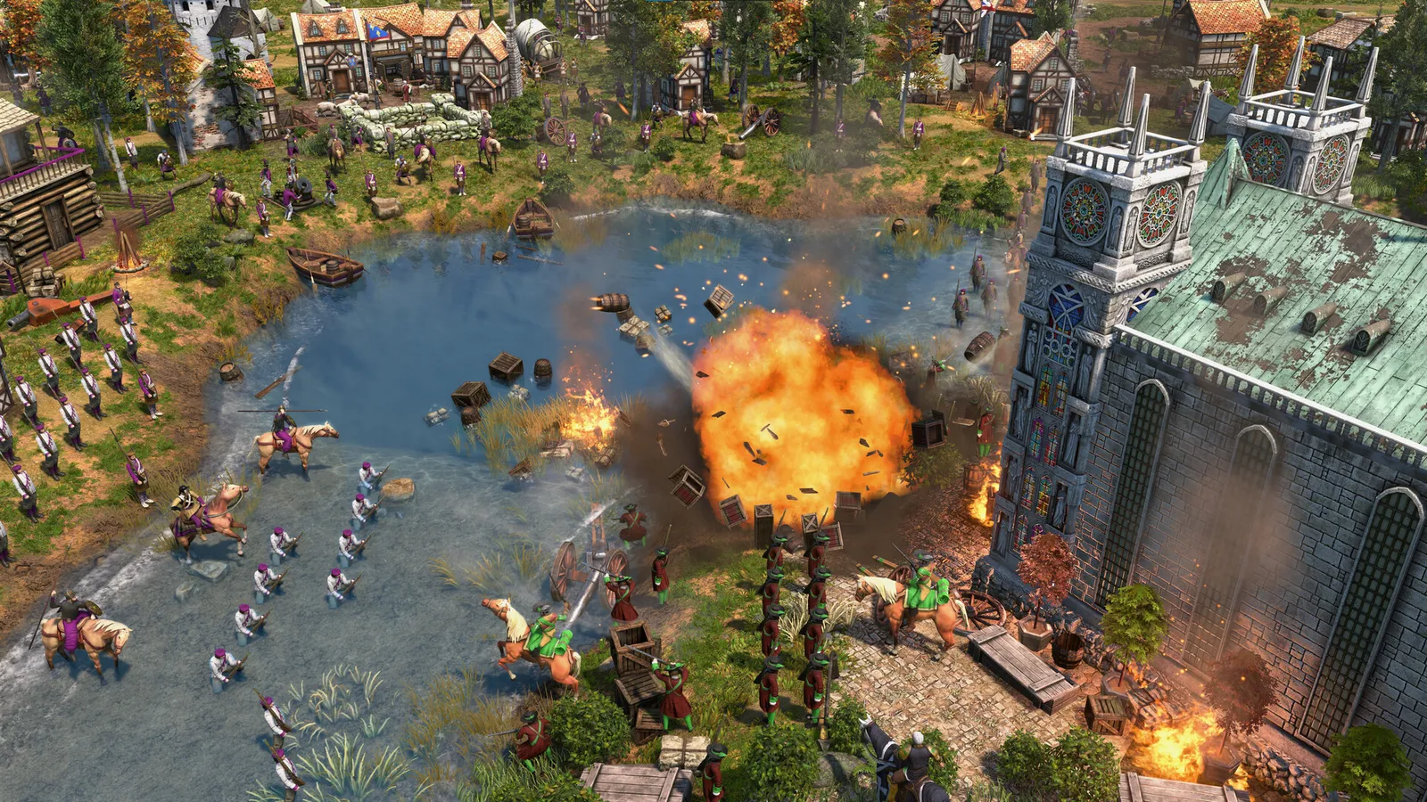 Age of Empires III Baltic Powers Steam screenshot of two armies clashing along a river outside a town with explosions and debris