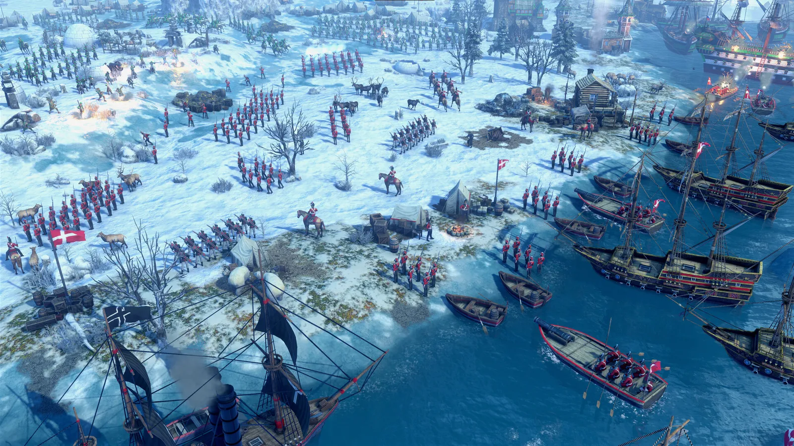 Age of Empires III Baltic Powers Steam screenshot of the Danish Red army and Polish Green army meeting in a snowy landscape with cavalry and ships