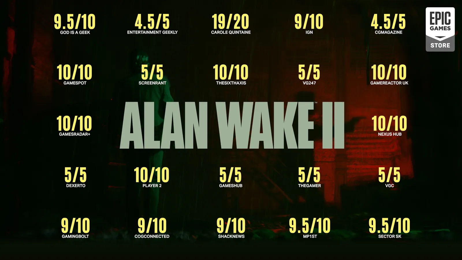Alan Wake 2 official accolades key art showing Saga Anderson and Alan Wake side by side on a dark backdrop