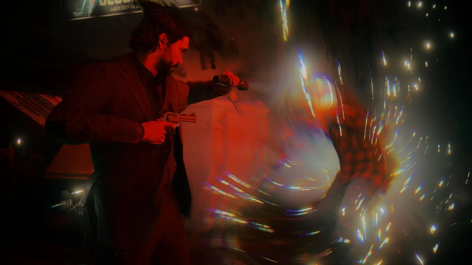 Alan Wake 2 official key art of Alan Wake writing at a typewriter inside a dimly lit writer's room