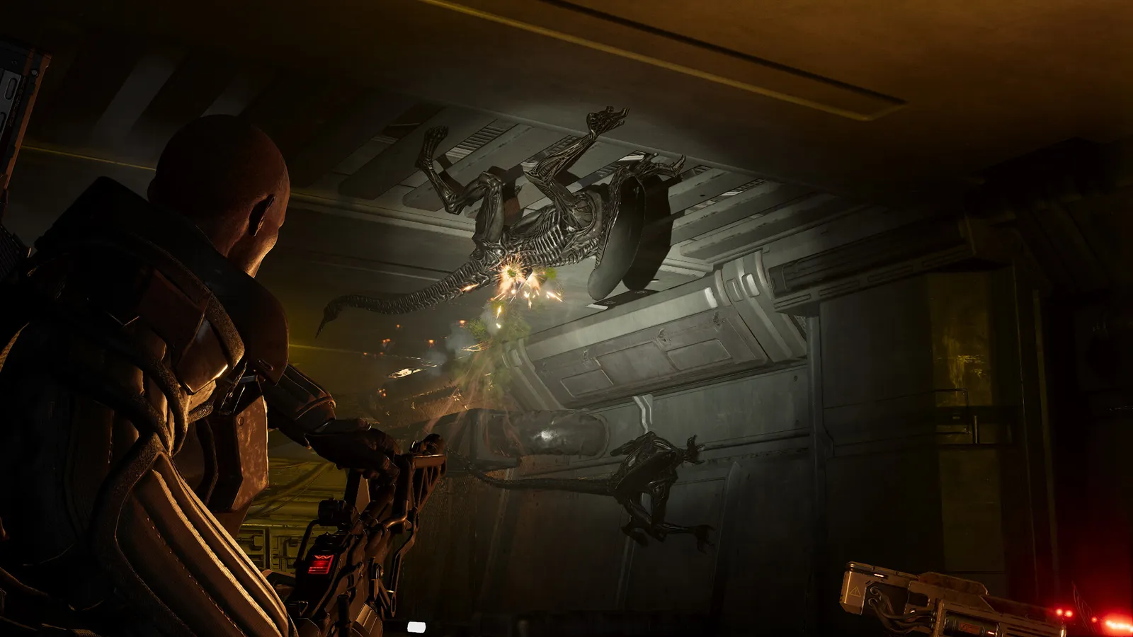 Marine with smart gun facing a facehugger ambush in Aliens: Fireteam Elite 2