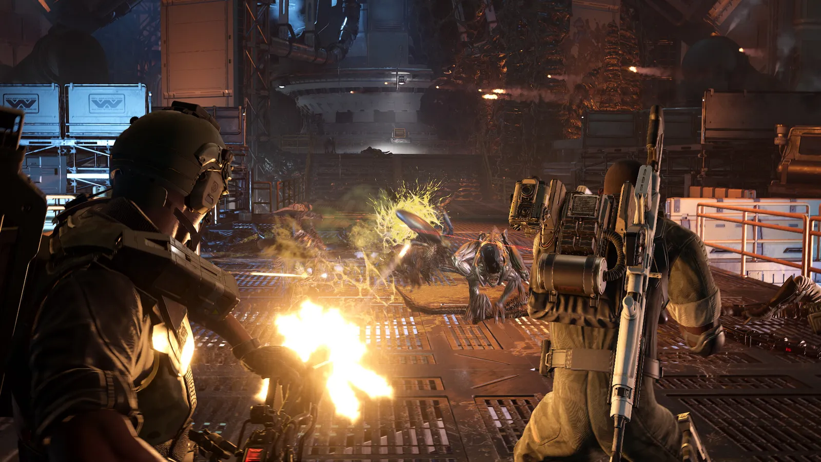 Colonial Marine squad engaging xenomorphs in a dark corridor in Aliens: Fireteam Elite 2