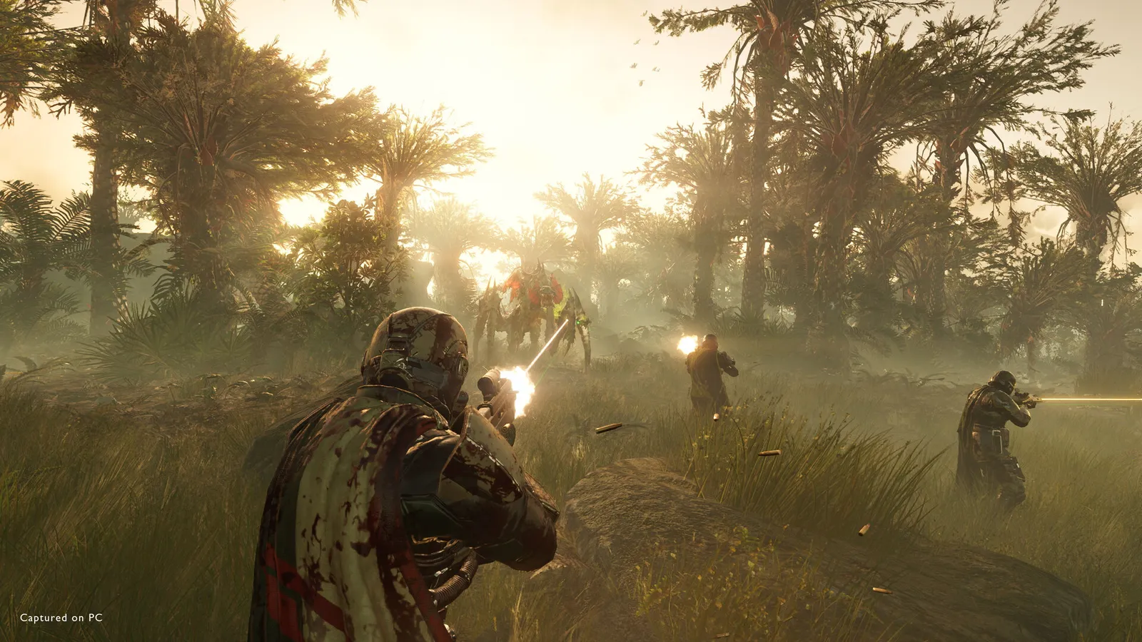 Helldivers 2 official Steam screenshot of Helldivers fighting on a hostile planet