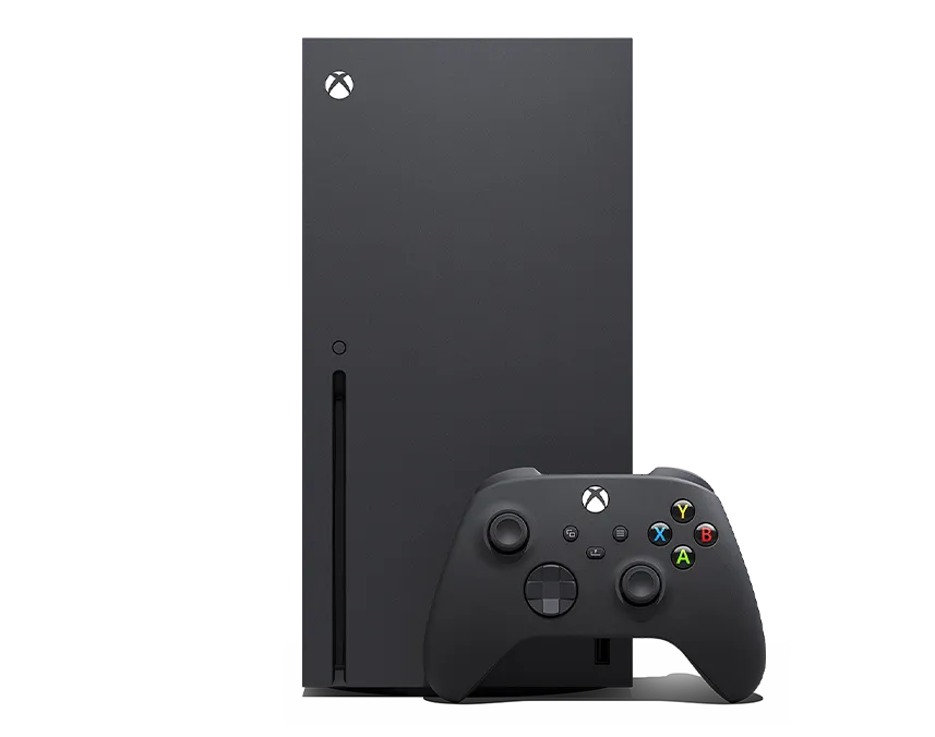 Xbox Series X 1TB Carbon Black console standing next to the Xbox Wireless Controller in Carbon Black
