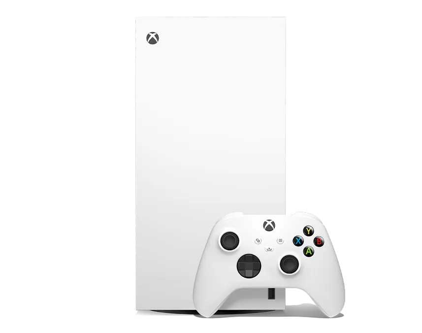 Xbox Series X 1TB All-Digital Robot White console seen from another angle beside its controller
