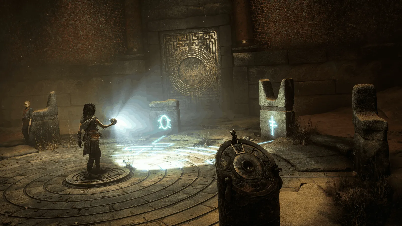 Resonance A Plague Tale Legacy Sophia wielding chain sword in torchlit catacomb