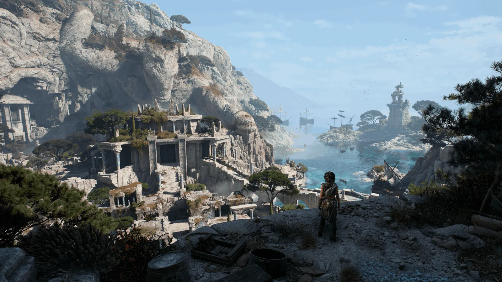 Resonance A Plague Tale Legacy Sophia walking through dark stone ruins of Minotaur Island