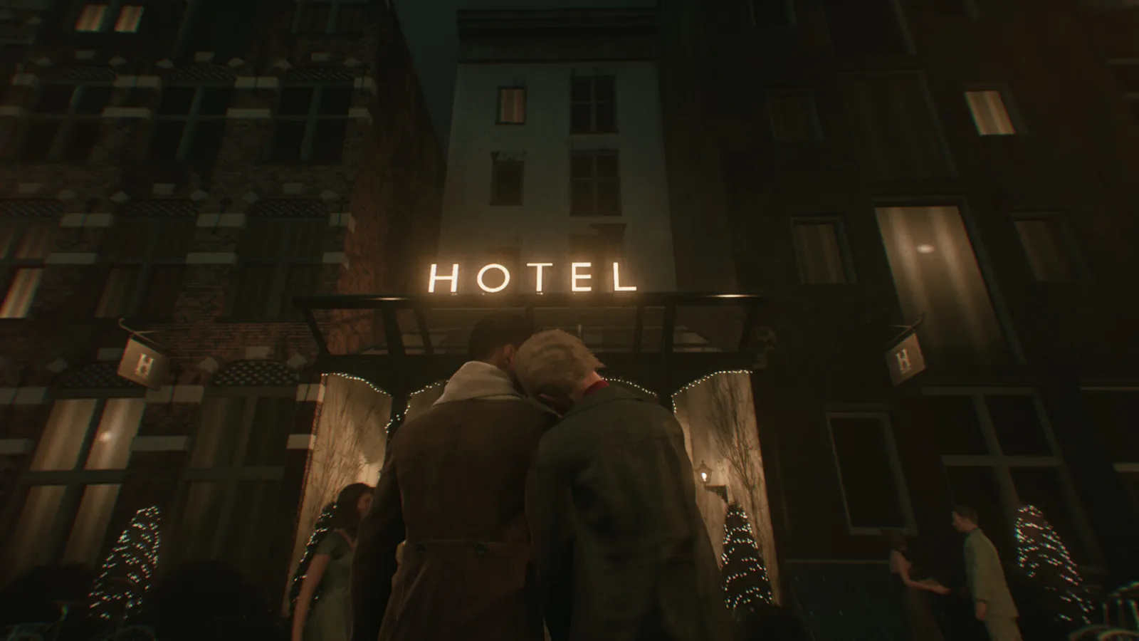Dusk-lit canal houses framing an encounter with a hidden demon in 1666 Amsterdam gameplay screenshot