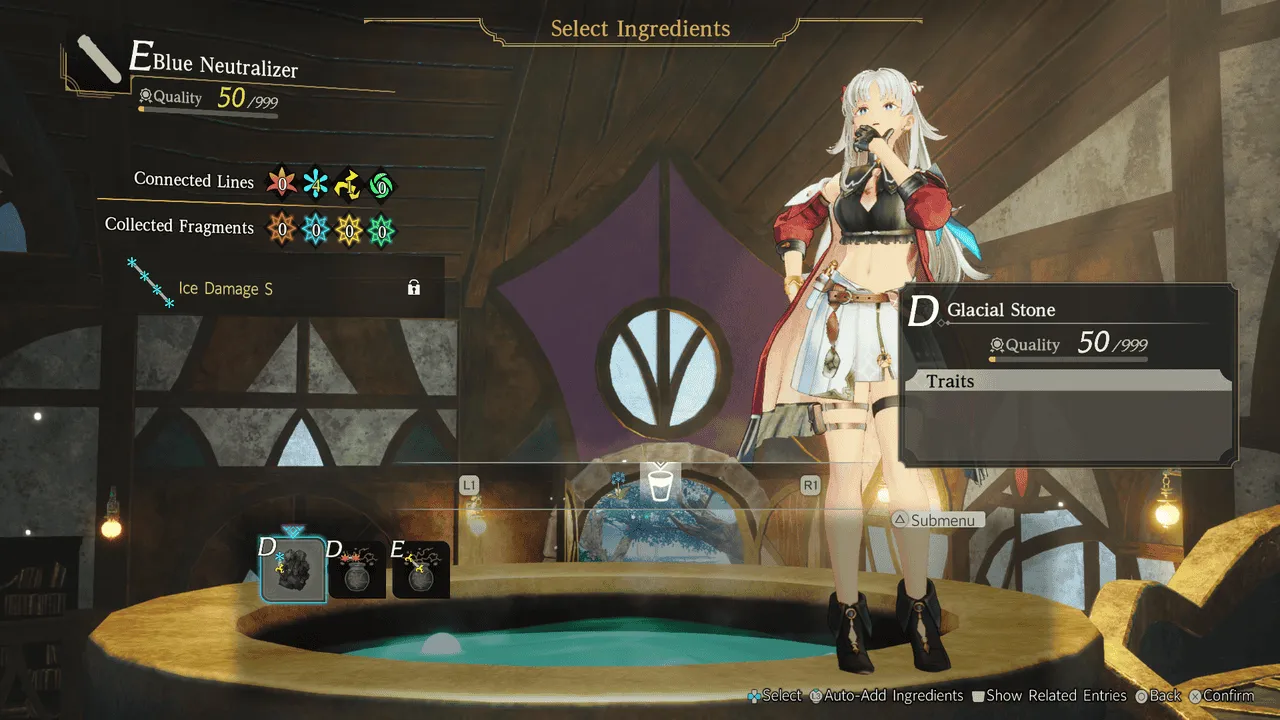 Atelier Karia synthesis system interface showing item creation and combination
