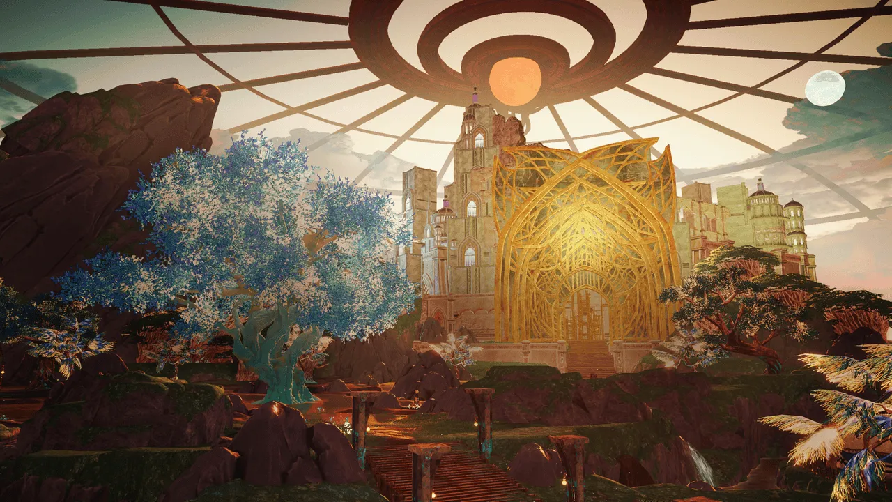 Atelier Karia open world screenshot showing the landscape of Aladiss at night