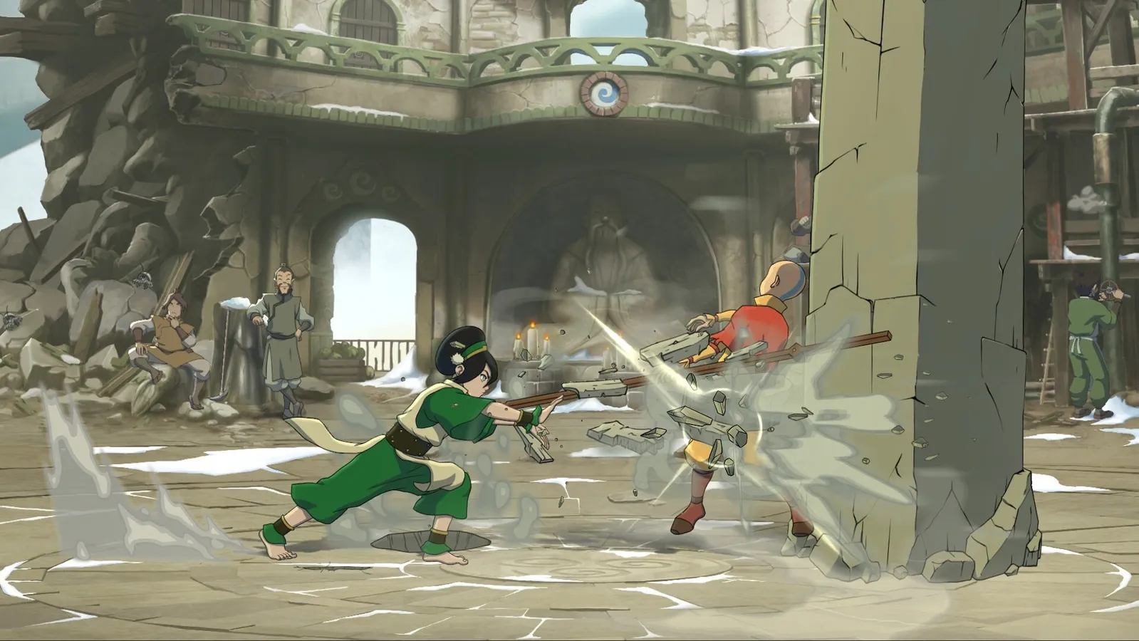 Avatar Legends The Fighting Game stage with hand-drawn 2D art faithful to the animated series