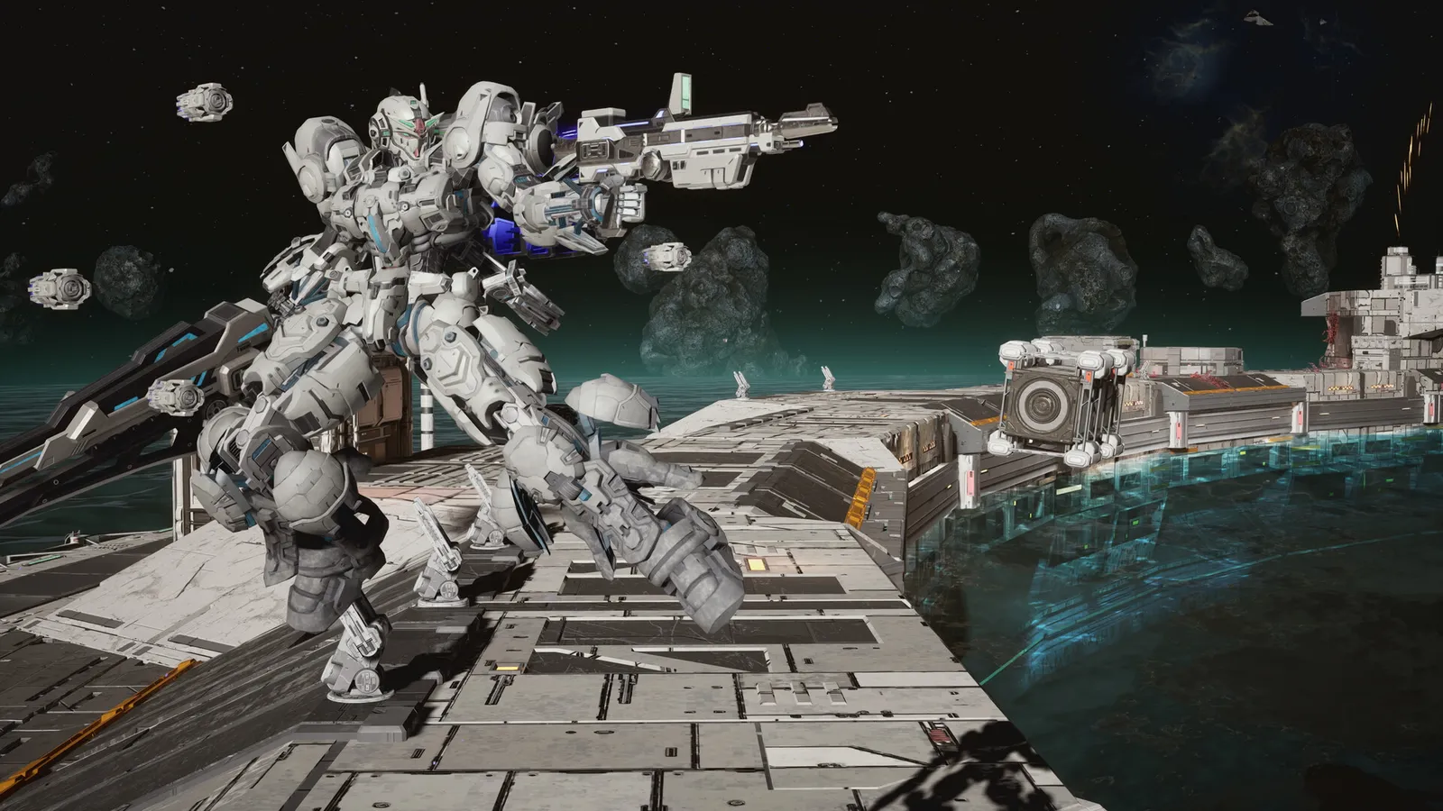 Gundam Helix mobile suit in dramatic pose during battle