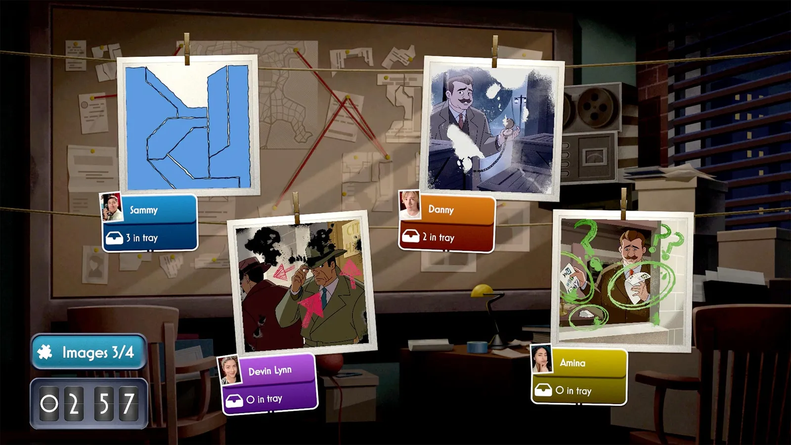 Four player crew piece together clues in a noir Gotham City office for Batman Caped Crusader Chronicles on Amazon Luna.