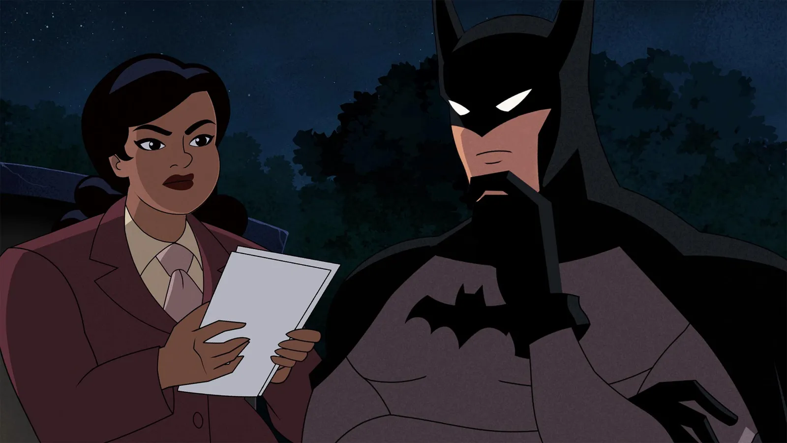 Detective Montoya in a noir-styled interrogation scene for Batman Caped Crusader Chronicles on Amazon Luna.