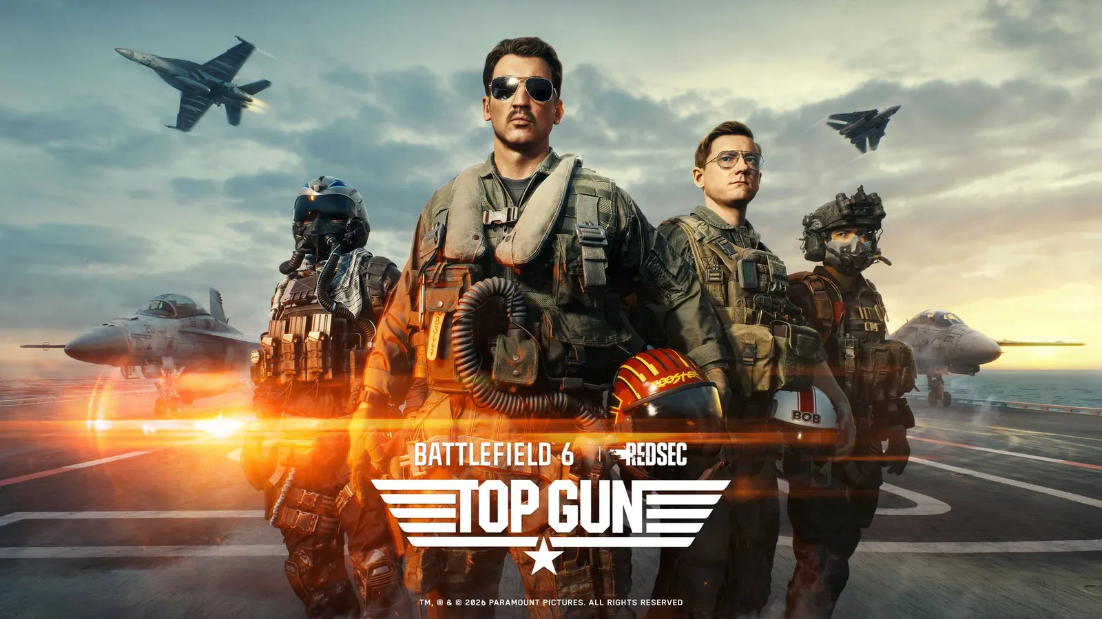 Official key art for the Battlefield 6 x REDSEC x Top Gun crossover showing Miles Teller as Lt. Bradley Rooster Bradshaw and Lewis Pullman as Lt. Robert Bob Floyd walking across an aircraft carrier flight deck in flight gear with fighter jets overhead.