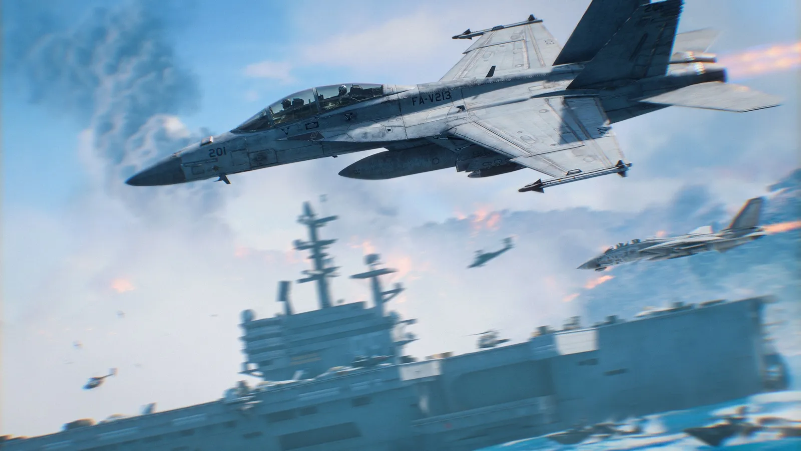 A combat jet flies low over an aircraft carrier during an air battle with smoke and explosions rising from the coastline.
