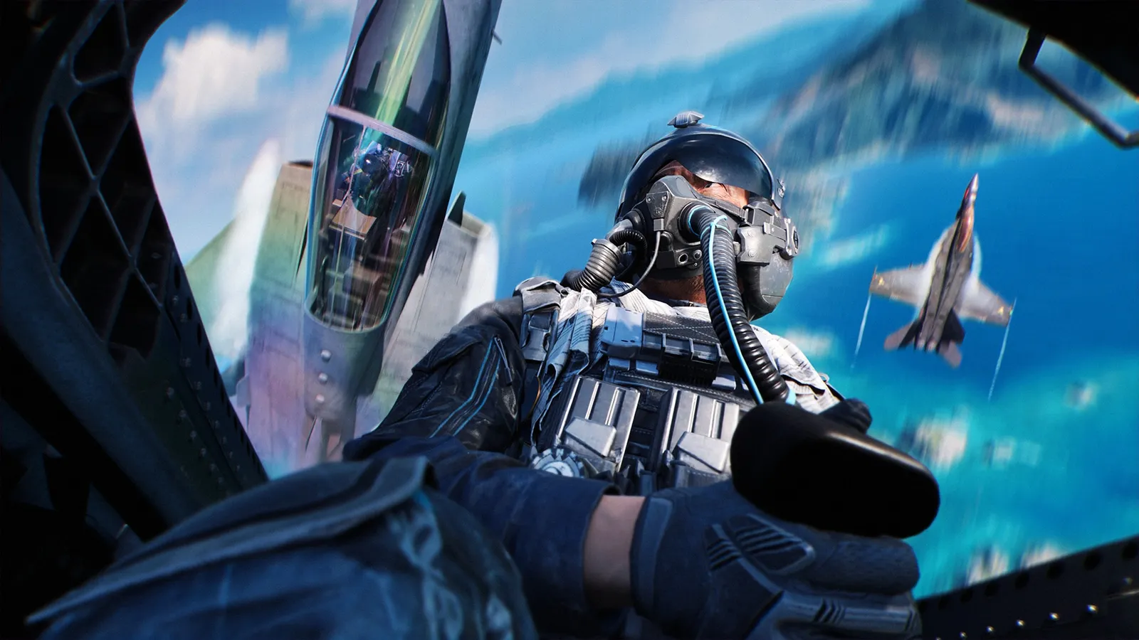 A pilot in a flight helmet and oxygen mask banks hard while another jet turns sharply over a tropical coast.