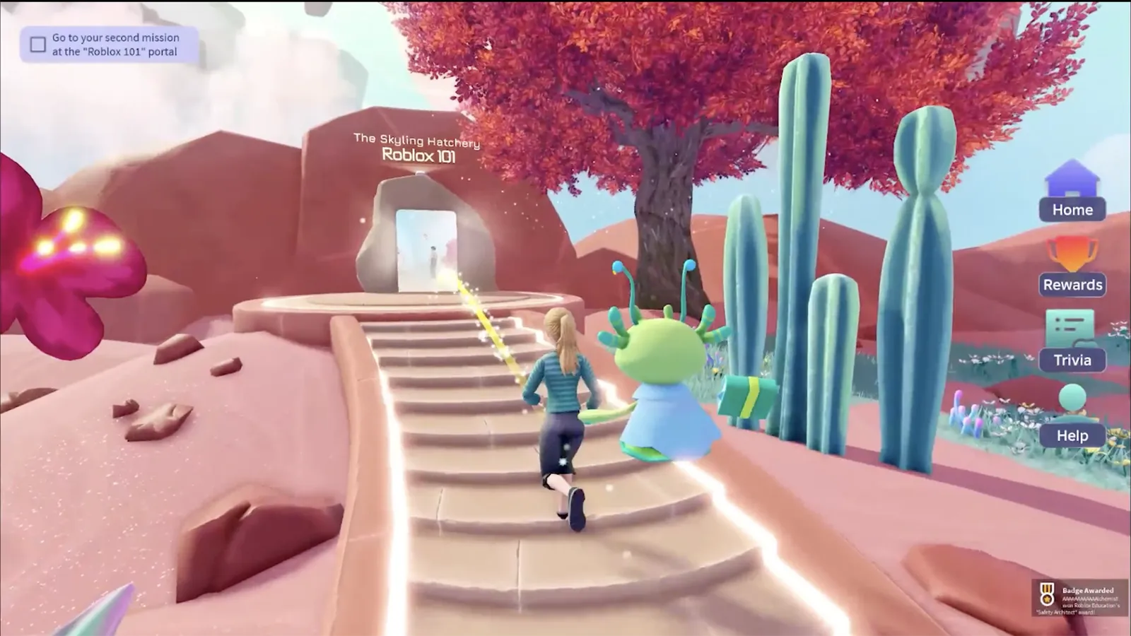 Roblox Family Zone in-game experience showing a parent and child avatar learning platform safety features together