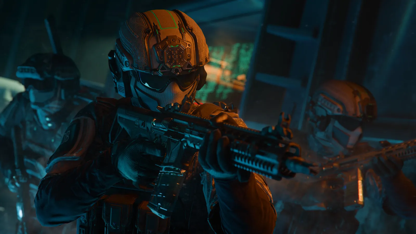 Call of Duty Black Ops 7 gameplay screenshot showing a squad in combat