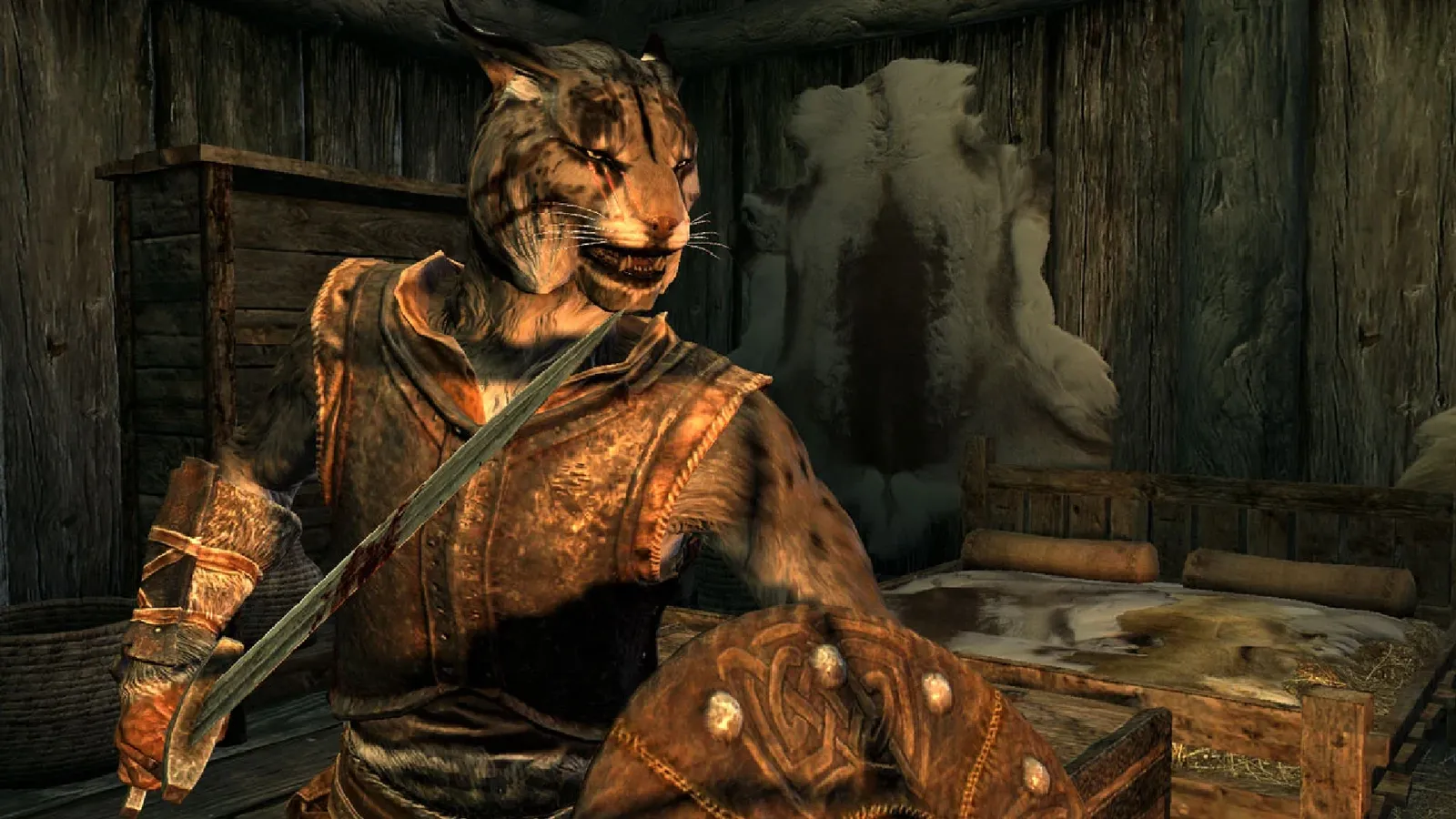 A Khajiit character from The Elder Scrolls 5 Skyrim standing in a forest