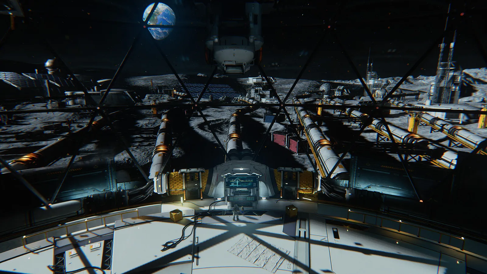 Pragmata in-game combat scene pitting Hugh and Diana against a rogue AI construct inside the wrecked lunar research station.