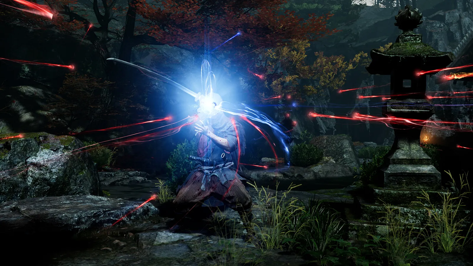 Onimusha Way of the Sword screenshot of a samurai mid slash with the oni gauntlet glowing against a foggy bamboo forest