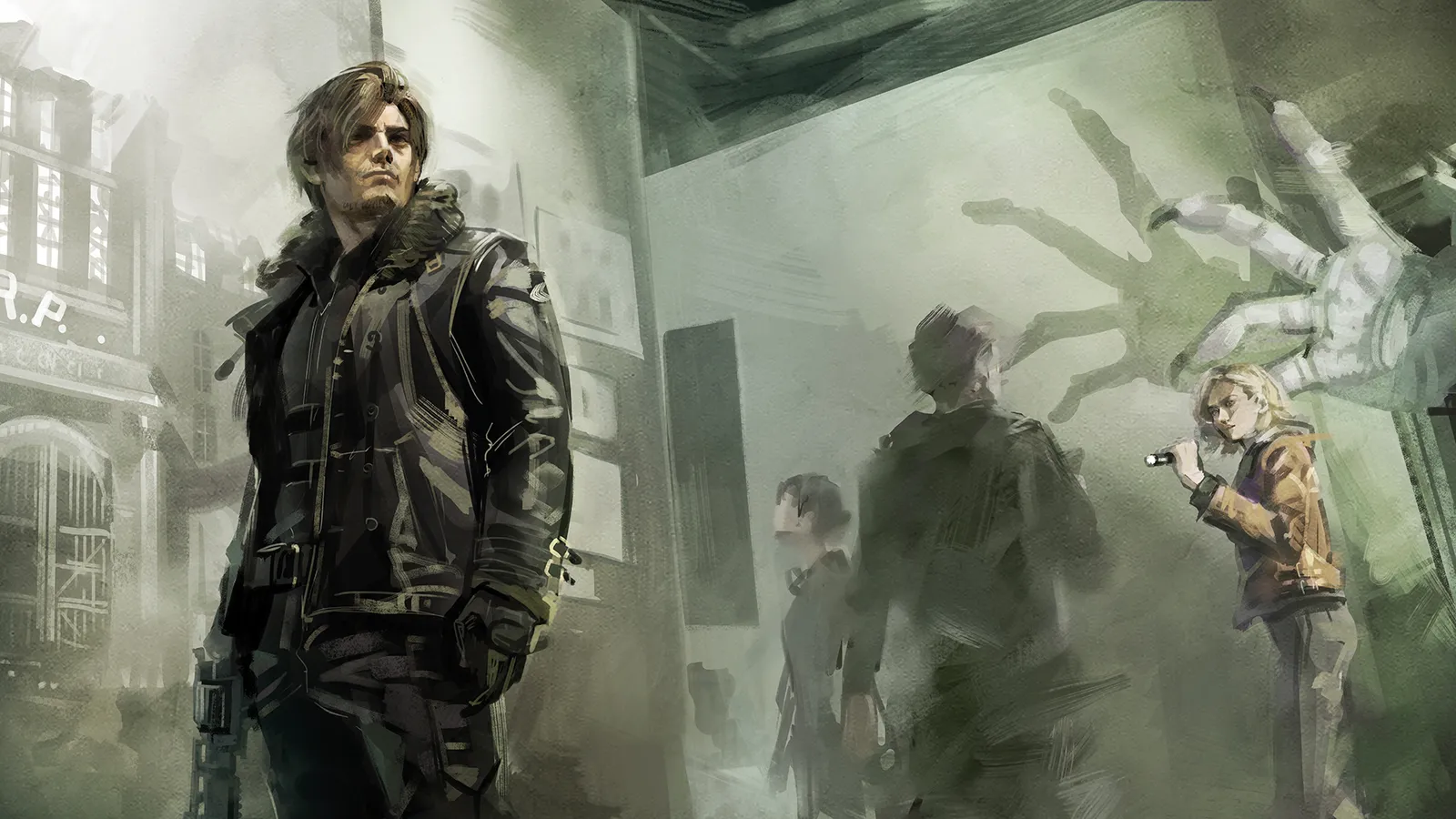 Heroes section banner for FILE 4 of the Resident Evil 30th Anniversary Exhibition featuring the life-sized Leon Kennedy statue